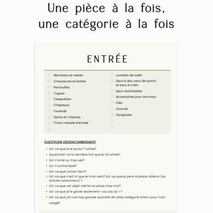 Puede incluir: Una hoja informativa blanca titulada Une pi&egrave;ce &agrave; la fois, une cat&eacute;gorie &agrave; la fois, que presenta una lista de verificaci&oacute;n para la entrada con categor&iacute;as como abrigos, zapatos y accesorios, seguida de preguntas de organizaci&oacute;n y el logo de Harmonia.