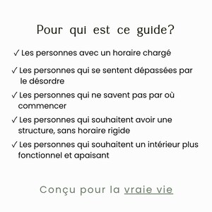 Puede incluir: Un documento informativo blanco con texto negro titulado Pour qui est ce guide? seguido de una lista de cinco puntos en franc&eacute;s que describen las audiencias objetivo para una gu&iacute;a, terminando con la frase Con&ccedil;u pour la vraie vie al final.