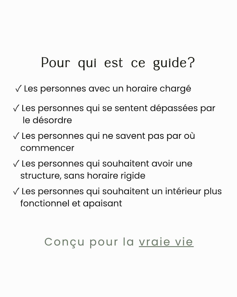 Puede incluir: Un documento informativo blanco con texto negro titulado Pour qui est ce guide? seguido de una lista de cinco puntos en franc&eacute;s que describen las audiencias objetivo para una gu&iacute;a, terminando con la frase Con&ccedil;u pour la vraie vie al final.
