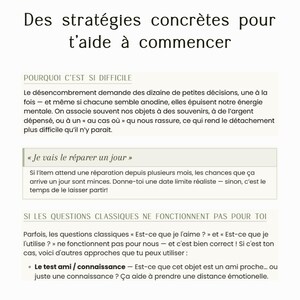Puede incluir: Un documento informativo blanco con texto negro titulado Des strat&eacute;gies concr&egrave;tes pour t'aide &agrave; commencer. Incluye secciones tituladas Pourquoi c'est si difficile, Je vais le r&eacute;parer un jour y Si les questions classiques ne fonctionnent pas pour toi.