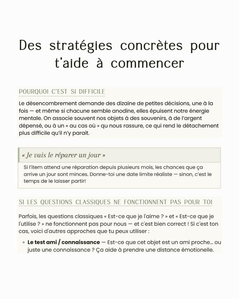 Puede incluir: Un documento informativo blanco con texto negro titulado Des strat&eacute;gies concr&egrave;tes pour t'aide &agrave; commencer. Incluye secciones tituladas Pourquoi c'est si difficile, Je vais le r&eacute;parer un jour y Si les questions classiques ne fonctionnent pas pour toi.