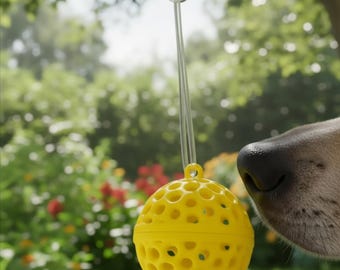 May include: A bright yellow spherical toy featuring a perforated surface with numerous circular cutouts. The toy is suspended from a silver-colored metal S-hook by a clear plastic cord, positioned near the nose of a dog.