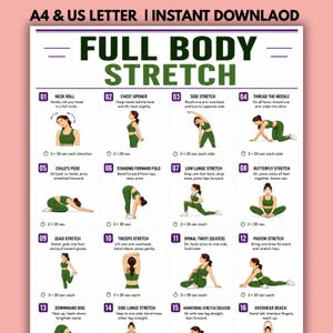 Ejercicios de estiramiento de cuerpo completo para imprimir / Tabla de ejercicios diarios de flexibilidad y movilidad / Rutina de estiramientos en casa en PDF