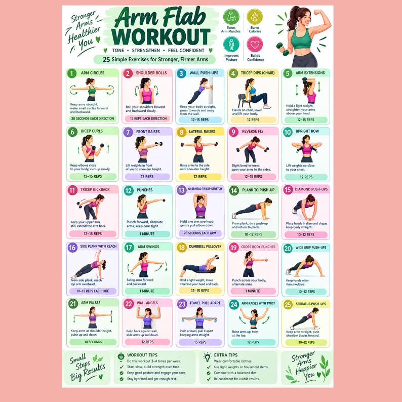 Printable Basic Daily Exercise Routine Arm Flab Workout Chart, Printable Exercise Poster PDF, Upper Body ...