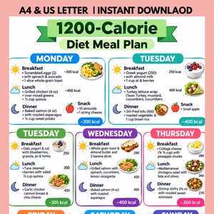 Puede incluir: Un plan de dieta digital de 1200 calorías para formatos A4 y US Letter. El documento enumera los horarios de comidas diarios de lunes a jueves, con iconos para desayuno, almuerzo y cena, junto con alimentos específicos, conteo de calorías e ilustraciones de comidas.