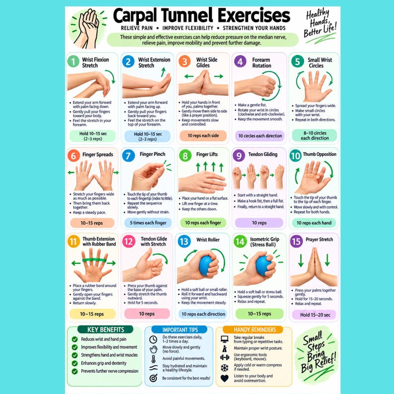 Hand Innervation Chart Carpal Tunnel Exercises Printable PDF, Wrist Pain Relief Chart, Nerve ...