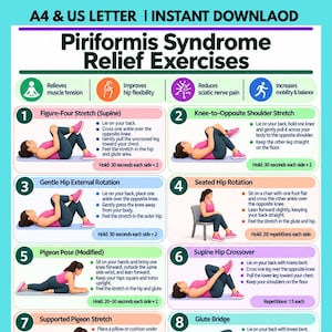 May include: An instructional chart titled Piriformis Syndrome Relief Exercises featuring eight numbered illustrations of a person in a pink top and dark leggings performing various stretches, with text instructions for each movement.