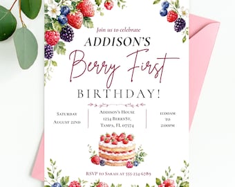 Invitation pour le premier anniversaire de Berry | Téléchargement numérique uniquement