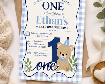 Invitation premier anniversaire Beary, modèle de fête garçon ours en peluche (téléchargement numérique)