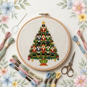 May include: A cross-stitch project in a wooden embroidery hoop featuring a Christmas tree decorated with multiple nutcracker figures, colourful ornaments, and a star topper, surrounded by embroidery floss skeins, a needle, and scissors.