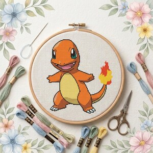 Modèle de point de croix Lézard de feu orange, monstre fantastique (PDF)