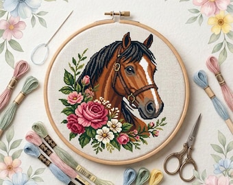 May include: A cross-stitch project in a wooden embroidery hoop featuring a brown horse head with a white blaze, surrounded by pink roses and white flowers. The kit includes embroidery floss in various pastel colors, a needle, and scissors.