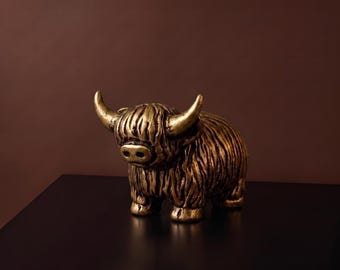 Brass Highland Cow Figurine, Rustic Scottish Farmhouse Decor, Shelf Ornament
