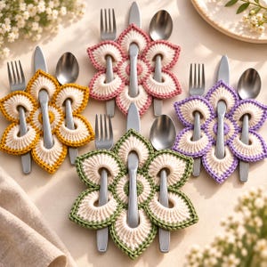 Può includere: Quattro portaposate all'uncinetto a forma di fiore nei colori giallo, rosa, verde e viola. Ogni supporto presenta un centro color crema e sei petali, progettati per contenere una forchetta, un coltello e un cucchiaio d'argento.