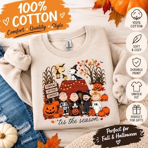 Halloween-sweatshirt van 100% katoen, met Snoopy-pompoenprint, herfsttrui.