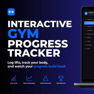Peut inclure: Un ordinateur portable affichant le logiciel de suivi de progression de gym Gainlog avec une interface sombre. L'écran montre un tableau de bord avec des journaux d'entraînement et des statistiques. Le texte indique INTERACTIVE GYM PROGRESS TRACKER.