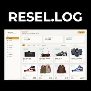 May include: A digital inventory management dashboard titled RESEL.LOG displaying financial metrics including cost value of $392.88, potential revenue of $696.87, and potential profit of $303.99, with a grid of product listings including shoes, bags, and a camera.