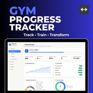 May include: A digital gym progress tracker dashboard displayed on a screen. The interface shows user statistics including workout count, weight, and exercise trends. Text includes GYM PROGRESS TRACKER, Track, Train, Transform, and GAINLOG.
