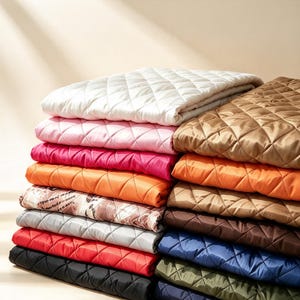 May include: A stack of folded quilted fabric pieces in various colors including white, pink, magenta, orange, brown, gray, red, black, navy blue, and olive green. Each piece features a diamond-shaped stitched pattern across the surface.