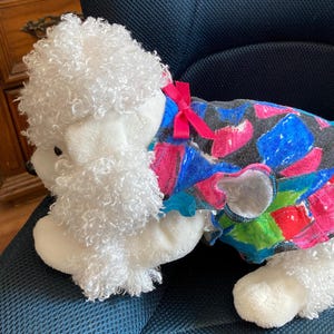 Pet Clothing, One of a Kind Extra Small Puppy Dress in a multi color motif of Hot Pink, Black, Blue and Lime Green with a cute Hot Pink Bow.
