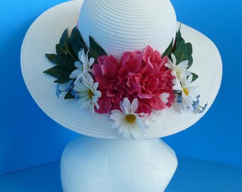Hat, Summer Hat, Sun Hat, Garden Hat in White with Hot Pink Azaleas, White Daisies and a Hot Pink Satin Band