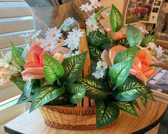 Easter Silk Flower Arrangement: Pink Roses, Wicker Basket