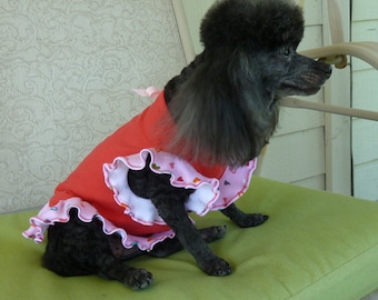 Dog Clothes, Puppy Clothes, an  Adorable Female Puppy Dress in Red with Tiny Hearts and Pretty Ruffles, Dog Clothes.