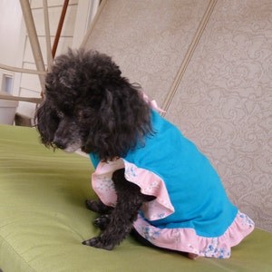 Dog Clothes, Puppy Dress, Adorable puppy outfit with a Turquoise Bodice, Pink Floral frilly sleeves and ruffle with a little Pink bow.