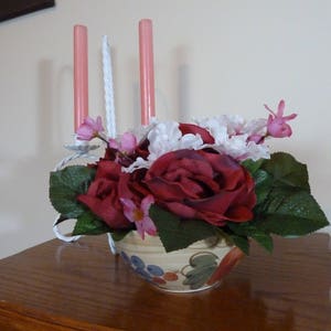 Easter Flower Arrangement, Floral Arrangement, Bouquet of Burgundy Roses, Pink Appleblossoms in a pretty bowl.