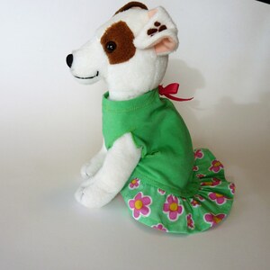 Puppy Dress, Dog Dress, Extra Extra Small  in a gorgeous Lime Green bodice in  a floral motif, frilly ruffle and a cute Hot Pink bow.