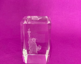 Crystal, Glass Collectible 3 D etched, depicting the Statue of Liberty and the United States Flag.