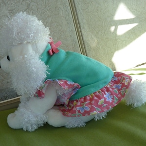 Dog Clothes, Puppy Dress with a Teal Bodice and a Hot Pink Floral Motif with a cute Pink Bow to match.