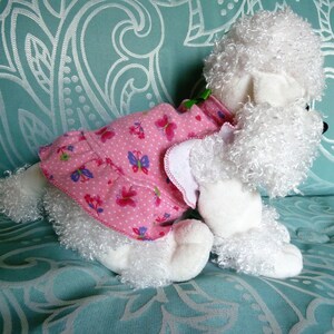 Puppy Dress, Puppy Outfit, Extra Extra Small in Bright Pink in a Butterfly, Hearts and Flowers motif with a cute Green Bow.