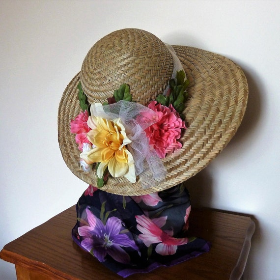 Golden Tan Straw Garden Hat: Pink & Yellow Silk Flowers - Etsy display picture 1