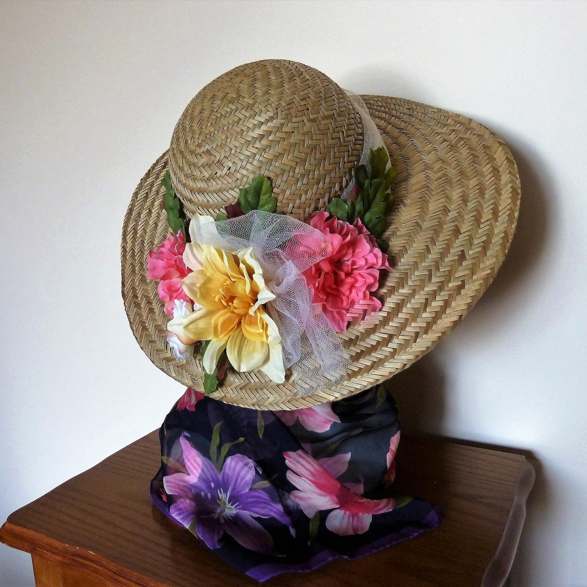 Beautiful Vintage Straw Sun Hat with Silk Floral Bloom Vintage 40s 50s Navy or Black Wide Brim Straw Picture Hat  main image 2