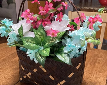 Easter Silk Flower Arrangement: Aqua & Pink Blossoms in Woven Basket