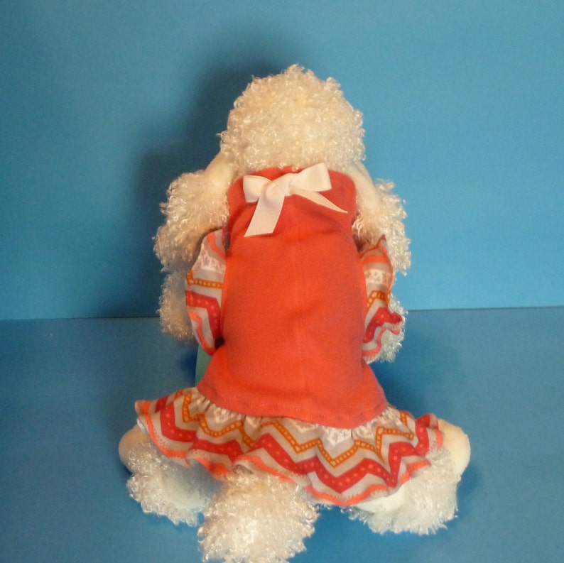 Dog Clothes, Puppy Dress, Pet Outfit in a gorgeous Tangerine with a graphic motif and a white bow. image 1