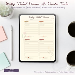 Può includere: Un tablet digitale che mostra un pianificatore settimanale per studenti con un tracker Pomodoro. L'interfaccia presenta sezioni dal lunedì al giovedì, aree di scrittura a righe e icone di pomodori per tracciare le sessioni di studio.