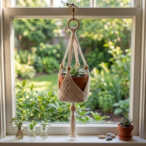 May include: A cream-coloured crocheted plant hanger featuring a wooden ring at the top, wooden beads along the cords, and a tassel at the bottom. It holds a terracotta pot containing a green succulent, suspended from a brass hook in a window.
