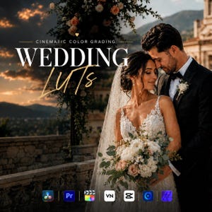 May include: A digital graphic featuring a bride in a white lace gown and a groom in a black suit, with text reading CINEMATIC COLOR GRADING WEDDING LUTS. Below are software icons for DaVinci Resolve, Premiere Pro, Final Cut, VN, CapCut, and others.