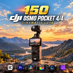 Può includere: Una fotocamera DJI Osmo Pocket nera con obiettivo montato su gimbal e schermo digitale che mostra un paesaggio montano. Il testo 150 DJI OSMO POCKET 4/4 CINEMATIC LUTS appare sopra, con sei icone software allineate nella parte inferiore.