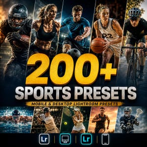 Puede incluir: Un gráfico digital que presenta un collage de atletas en varios deportes, incluyendo fútbol americano, baloncesto, ciclismo, natación, béisbol, tenis y lacrosse. El texto dice 200+ SPORTS PRESETS MOBILE & DESKTOP LIGHTROOM PRESETS con iconos.