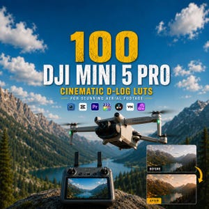 Op de afbeelding: Een lichtgrijze drone met cameragimbal en afstandsbediening met scherm. De tekst luidt 100 DJI MINI 5 PRO CINEMATIC D-LOG LUTS FOR STUNNING AERIAL FOOTAGE. Bevat iconen voor videosoftware en een voor-en-na vergelijkingsafbeelding.