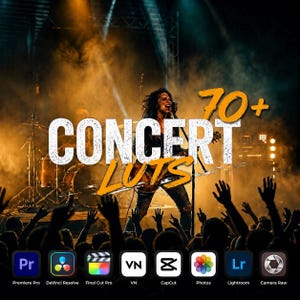 Puede incluir: Un gráfico de producto digital que muestra a un músico en el escenario con el texto 70+ CONCERT LUTS. Debajo de la imagen hay iconos de software como Premiere Pro, DaVinci Resolve, Final Cut Pro, VN, CapCut, Photos, Lightroom y Camera Raw.