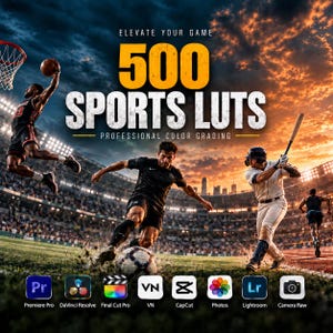 May include: A digital graphic featuring the text 500 SPORTS LUTS, ELEVATE YOUR GAME, and PROFESSIONAL COLOR GRADING. The background shows athletes playing basketball, soccer, and baseball in a stadium. Software icons are displayed at the bottom.