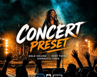 May include: A digital photo editing preset featuring the text Concert Preset, Bold Colors, Deep Tones, Cinematic Vibes, and icons for Lightroom, mobile, and desktop. The image shows a singer on a stage with stage lights, smoke, and a crowd.