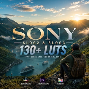 Puede incluir: Un gráfico de producto digital con el texto SONY SLOG2 & SLOG3 130+ LUTS PRO CINEMATIC COLOR GRADING sobre un paisaje de fiordo montañoso con cruceros. Se incluyen iconos de DaVinci Resolve, Adobe Premiere Pro y Final Cut Pro.