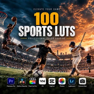 Może przedstawiać: Grafika cyfrowa z tekstem 100 SPORTS LUTS PROFESSIONAL COLOR GRADING oraz ELEVATE YOUR GAME. Obraz przedstawia sportowców grających w koszykówkę, piłkę nożną i baseball na stadionie, wraz z ikonami oprogramowania do edycji wideo i zdjęć.