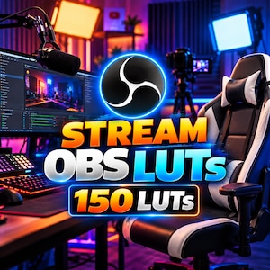 Könnte beinhalten: Eine digitale Grafik mit dem Text STREAM OBS LUTs und 150 LUTs in fetten, leuchtenden Buchstaben. Über dem Text befindet sich ein kreisförmiges schwarz-weißes Logo mit blauem Neon-Umriss. Der Hintergrund zeigt ein Gaming-Setup mit Stuhl und Monitor.