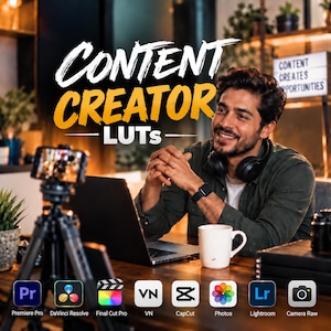 May include: A digital product advertisement titled CONTENT CREATOR LUTs featuring a person sitting at a desk with a laptop, smartphone on a tripod, and a white mug. Icons for Premiere Pro, DaVinci Resolve, Final Cut Pro, VN, CapCut, Photos, Lightroom, and Camera Raw are displayed at the bottom.